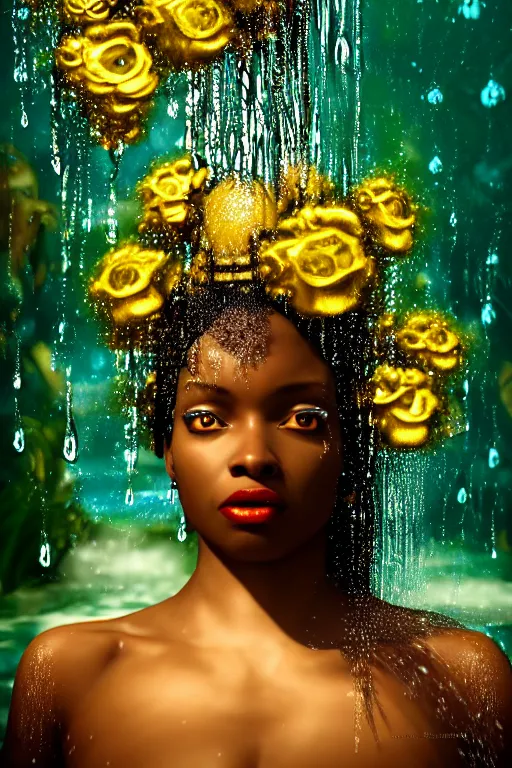 Prompt: hyperrealistic post rococo cinematic very expressive! black oshun goddess, in water up to her shoulders, mirror dripping droplets!, gold flowers, highly detailed face, digital art masterpiece, smooth eric zener cam de leon dramatic pearlescent volumetric teal light, high angle uhd 8 k, sharp focus