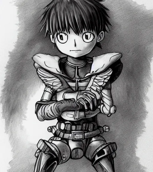 Image similar to attractive little boy wearing an cyborg angel suit, artwork in kentaro miura and made in abyss, inspired in astroboy smooth, beautiful lightness, anatomically correct, trending on pixiv, fascist composition, realistic