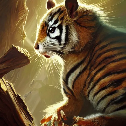 Prompt: Squirrel/tiger, Angry, manic, magic the gathering artwork, horror, D&D, fantasy, cinematic lighting, centered, symmetrical, highly detailed, digital painting, artstation, concept art, smooth, sharp focus, illustration, volumetric lighting, epic Composition, 8k, art by Akihiko Yoshida and Greg Rutkowski and Craig Mullins, oil painting, cgsociety
