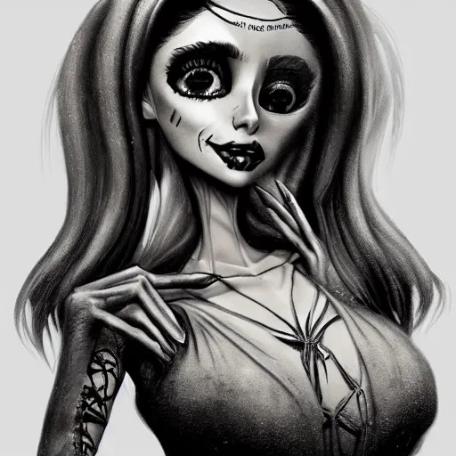 Prompt: michael karcz grunge drawing of kylie jenner. , in the style of corpse bride, loony toons style, horror themed, detailed, elegant, intricate, trending on artstation, 4k