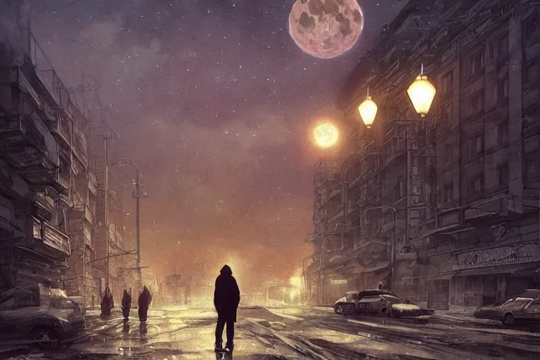 Image similar to lonely on the streets of Russian commie blocks on the Moon city, Norilsk, sci-fi, fantasy, earth seen on the dark sky, intricate, very very beautiful, elegant, highly detailed composition, digital rendering, artstation, concept art, smooth, sharp focus, illustration, art by artgerm and greg rutkowski and alphonse mucha