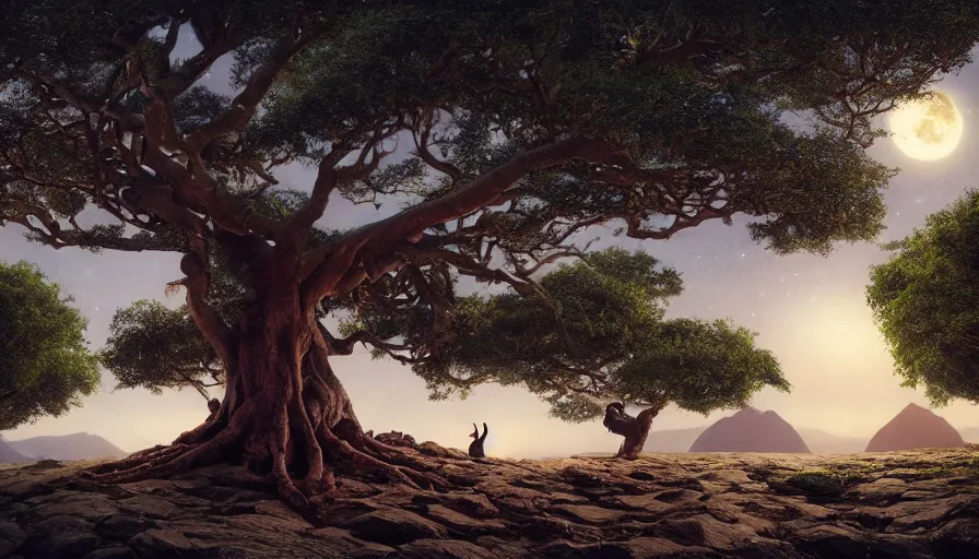 Image similar to very very small goat, sitting on a gigantic banyan tree in moonlit socotra island by ilya kuvshinov, starry night, rtx rendering, octane render 1 2 8 k, maya, extreme high intricate details by tom bagshaw, medium shot, close up shot, composition by sana takeda, lighting by greg rutkowski