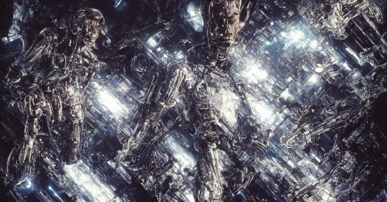 Image similar to hyperrealistic mixed media of a humanoid terminator floating in space, stunning 3d render inspired art by P. Craig Russell and Barry Windsor-Smith + perfect facial symmetry + dim volumetric lighting, 8k octane beautifully detailed render, post-processing, extremely hyperdetailed, intricate futuristic mechanic parts, epic composition, grim yet sparkling atmosphere, cinematic lighting + masterpiece, trending on artstation