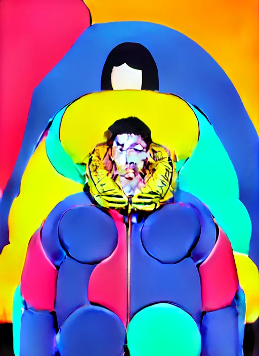 Prompt: person wearing a inflated puffer jacket by shusei nagaoka, kaws, david rudnick, airbrush on canvas, pastell colours, cell shaded!!!, 8 k