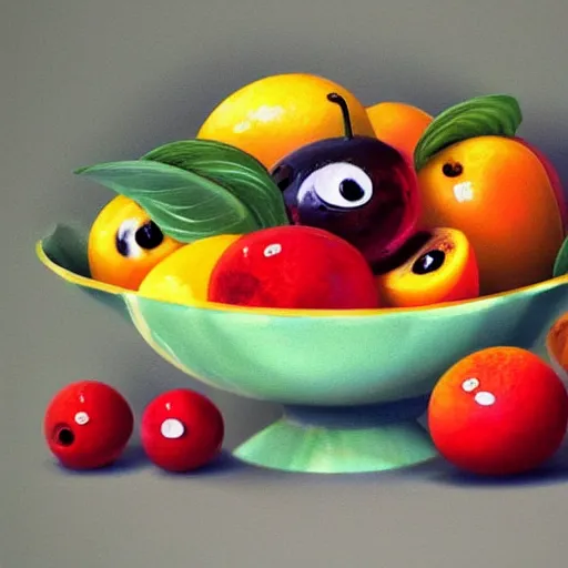 Image similar to a still life of a bowl of fruit with googly eyes on all the fruit, trending on artstation