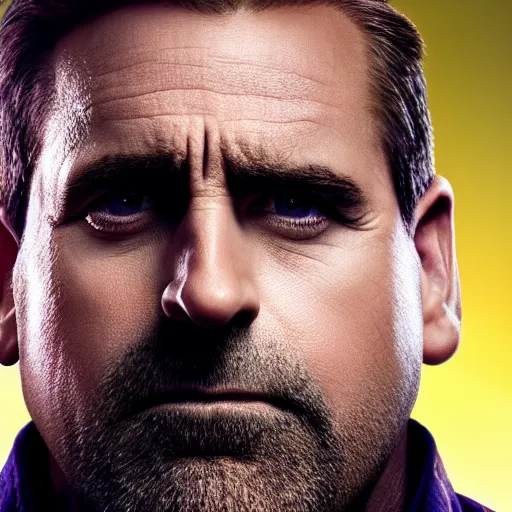 Image similar to steve carell as thanos, photorealistic movie still, detailed, 8 k