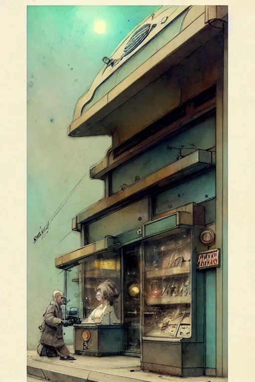 Image similar to ( ( ( ( ( 1 9 5 0 s retro science fiction shopfront. muted colors. ) ) ) ) ) by jean - baptiste monge!!!!!!!!!!!!!!!!!!!!!!!!!!!!!!