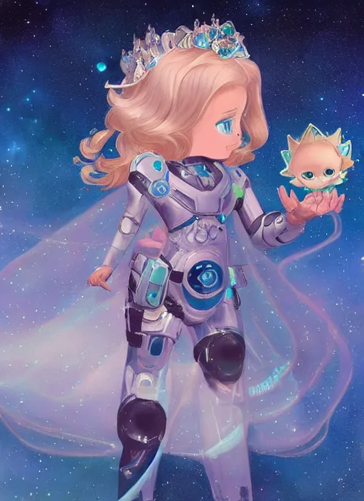 Image similar to beautiful space cottagecore princess rosalina holding a chibi robot wearing a scifi jetsuit, intricate bioluminescent highly detailed, digital painting, artstation, concept art, smooth, sharp, focus, illustration, art by artgerm and ilya kushvikov and alphonse mucha