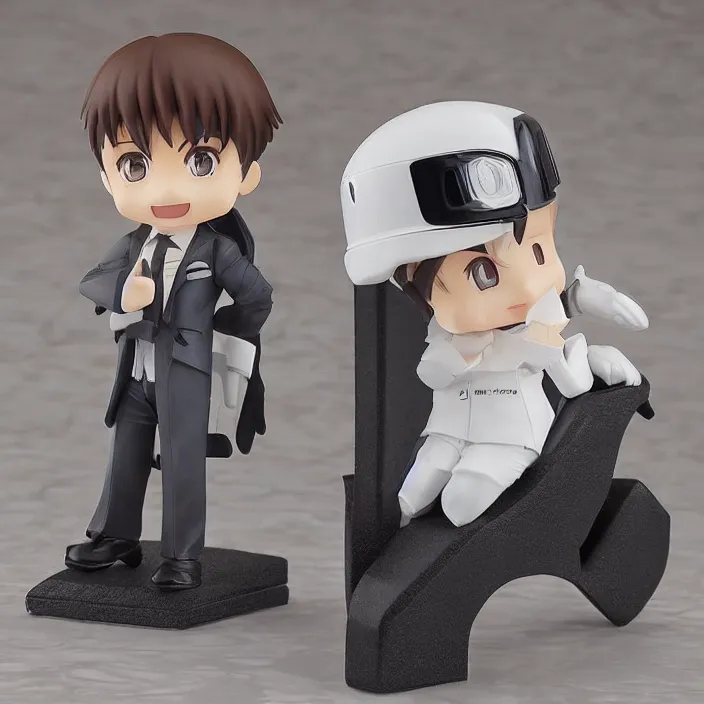 Image similar to a anime nendoroid of elon musk wear giorgio armani suits and black shoe, car tesla 3, figurine, smile, product photo, detailed