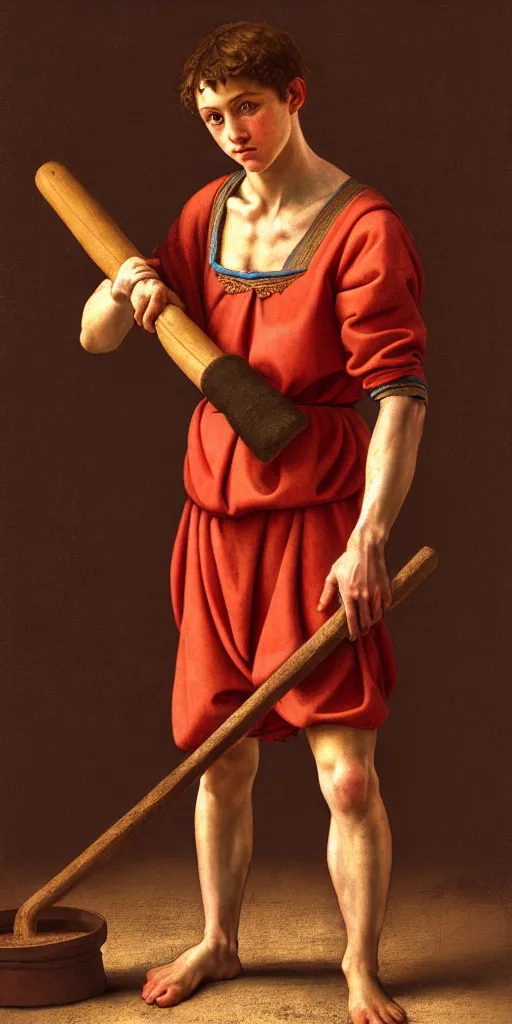 Image similar to a young michelangelo wearing peasant clothing of the renaissance holds a chisel in one hand and a mallet in the other, photorealistic, hyperdetailed, studio lighting, octane render, caustics