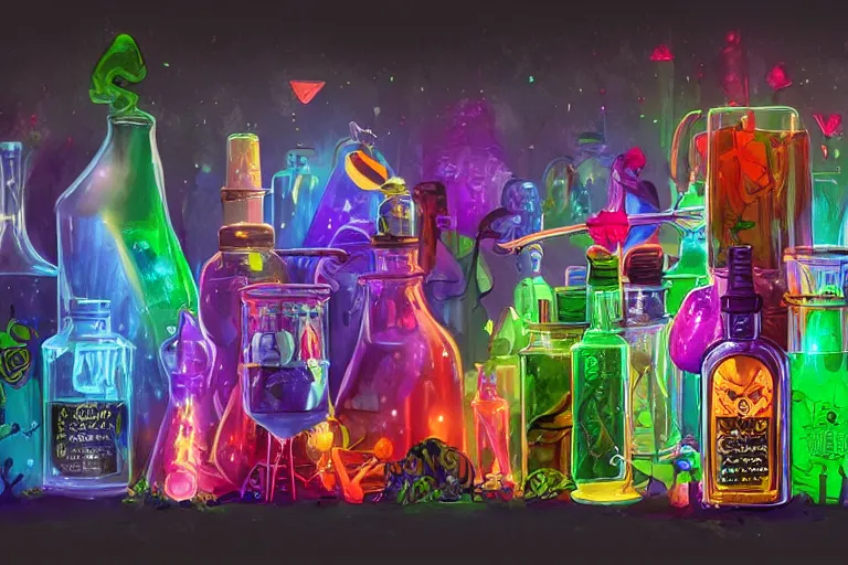 Image similar to a small rack filled with colorful glowing concoctions, magical potions, fantasy artwork, featured on artstation