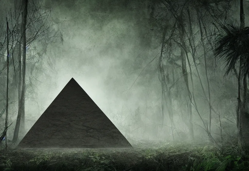 Prompt: a abandoned eerie pyramid in the jungle, dark, firefly, digital art,