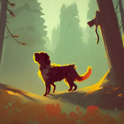 Image similar to white grungy dog standing in a cedar forest, by anton fadeev and simon stalenhag, trending on art station