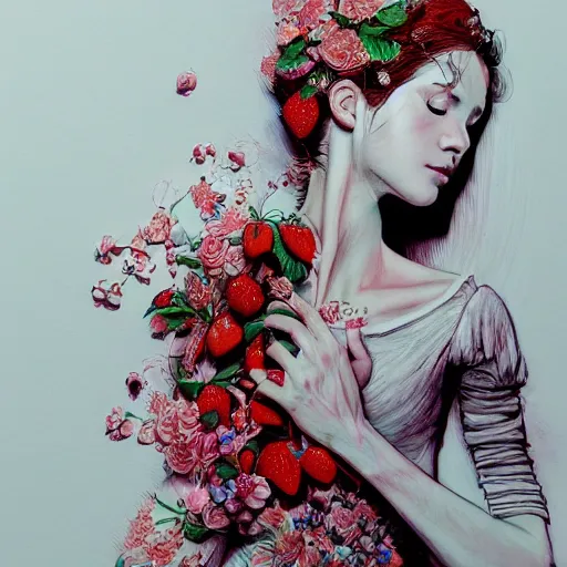 Prompt: the portrait of an absurdly beautiful, graceful, elegant, sophisticated, fashionable young woman made of strawberries and white petals crying, an ultrafine hyperdetailed illustration by kim jung gi, irakli nadar, intricate linework, bright colors, octopath traveler, final fantasy, unreal engine 5 highly rendered, global illumination, radiant light, detailed and intricate environment