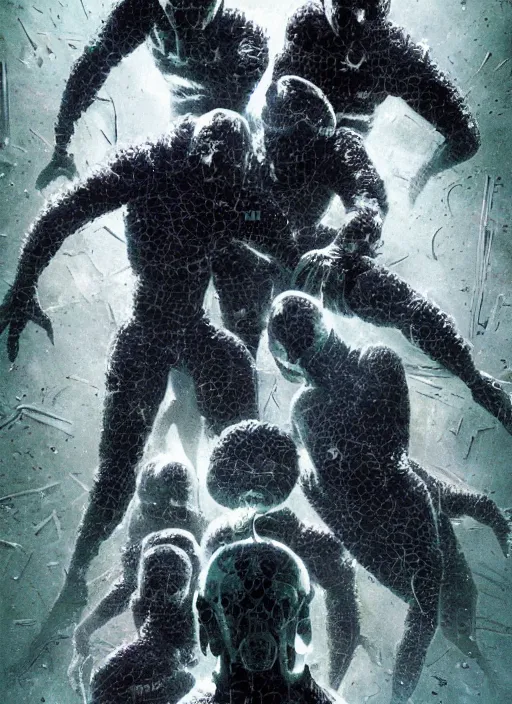 Image similar to astronauts in dark and empty void underwater - complex and hyperdetailed technical suit. reflection and dispersion materials. rays and dispersion of light. volumetric light. 5 0 mm, f / 3 2. noise film photo. flash photography. ultra realistic, wide angle. poster by wayne barlowe, hajime sorayama aaron horkey, craig mullins