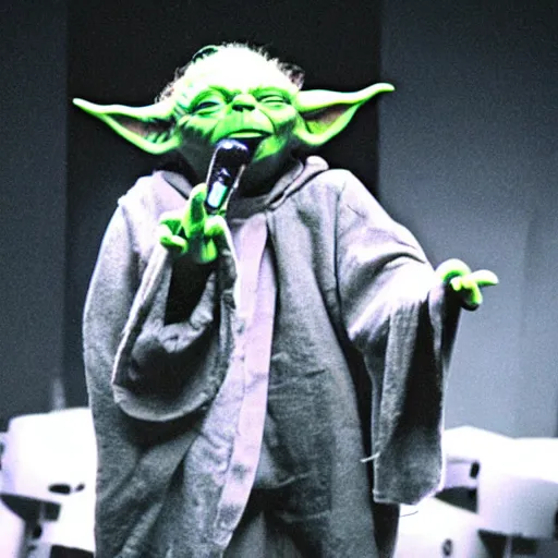 Prompt: Yoda performing on stage at a rap concert