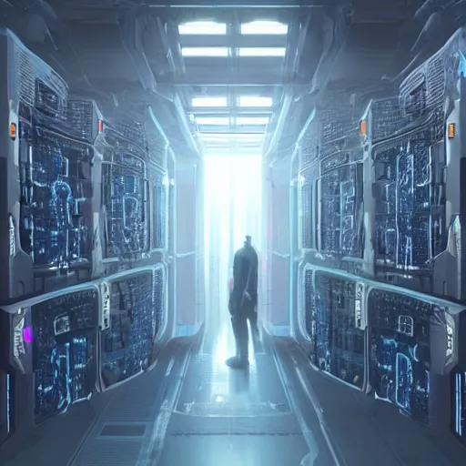 Image similar to professional painting of monumental conscious supercomputer with huge cybernetic face in endless server room, trending on artstation, cyberpunk, sci - fi, futuristic, by greg rutkowski and maciej kuciara, high quality