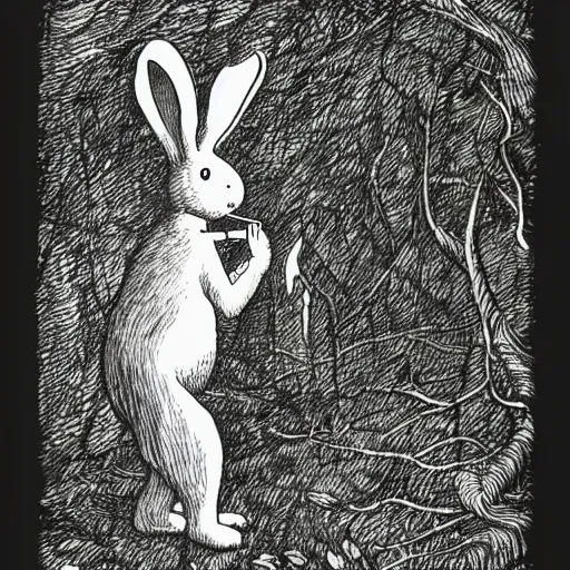 Image similar to drawing of a white bunny smoking a big cigarette in the deep tangled forest, by edward gorey, by gustav dore, black ink on white paper