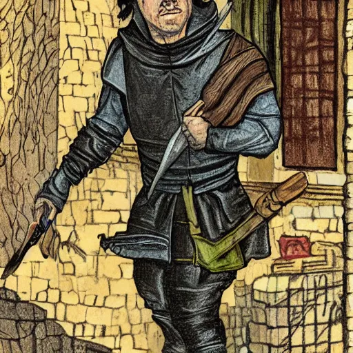 Prompt: portrait of a sly rogue, illustration by larry eltmore, in a medieval city