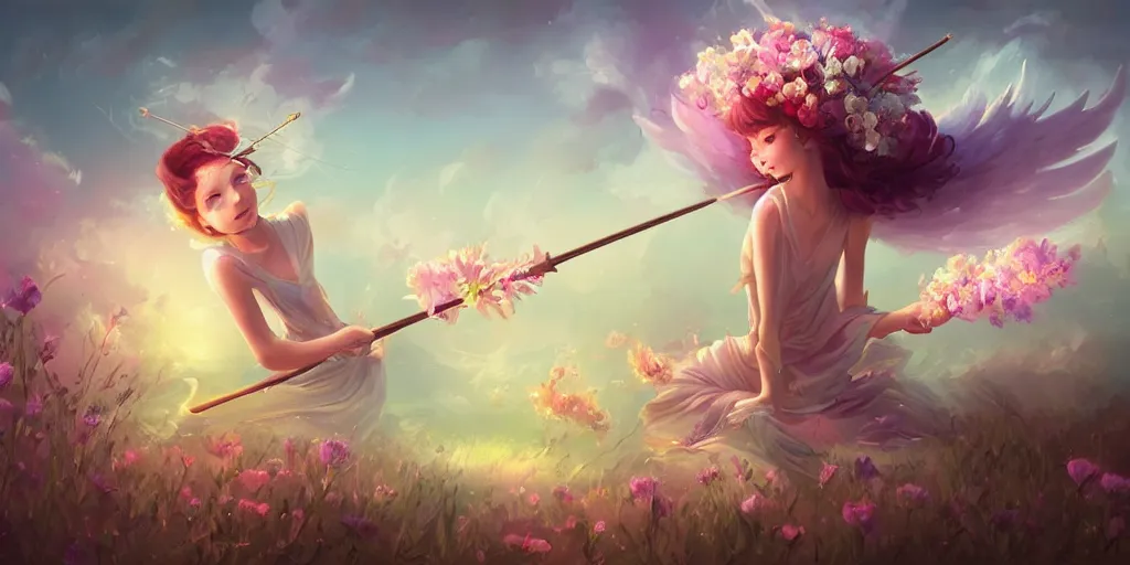 Image similar to An angel with beautiful face shooting luminous arrows with a bow on a country landscape covered with flowers, inspired by Daniela Uhlig and Cyril Rolando, trending on artstation, heavenly colors, volumetric lighting