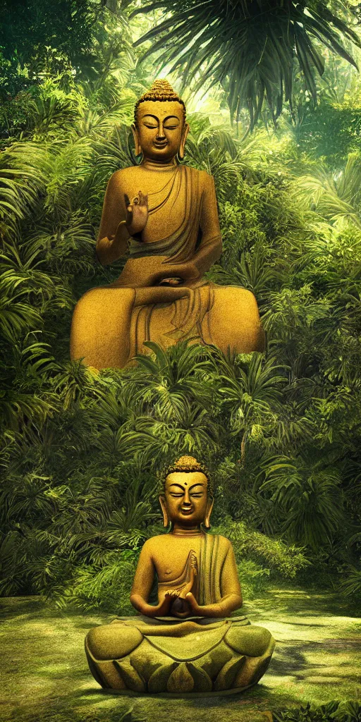 Prompt: a dreamy amitabha buddha meditating in a lush jurassic landscape, 4 k, hyper realistic, in he style of national geographic, coherent design, symmetrical, vivid colour, complementary colour, golden ratio, detailed, sharp lines, intricate, rainbow shift, in unreal 3 d engine, ray tracing, octane render