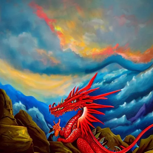 Image similar to a very detailed painting of a crimson dragon spitting out hot blue flames out of it's mouth while on top a mountain under the beautiful setting sun