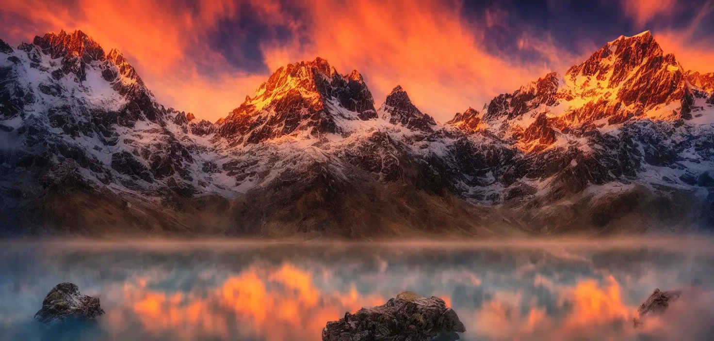 Image similar to amazing landscape photo of mountains with lake in sunset by marc adamus, beautiful dramatic lighting