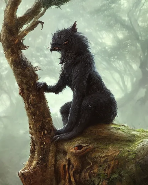 Prompt: A portrait of a cute Fantasy creature sitting on a tree trunk by Greg Rutkowski, Sung Choi, Mitchell Mohrhauser, Maciej Kuciara, Johnson Ting, Maxim Verehin, Peter Konig, final fantasy, 8k photorealistic, cinematic lighting, HD, high details, dramatic, dark atmosphere, trending on artstation