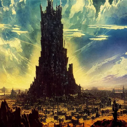 Image similar to babel tower in post apocalyptic Babylon , painting by frazetta, low angle,wide angle, panorama