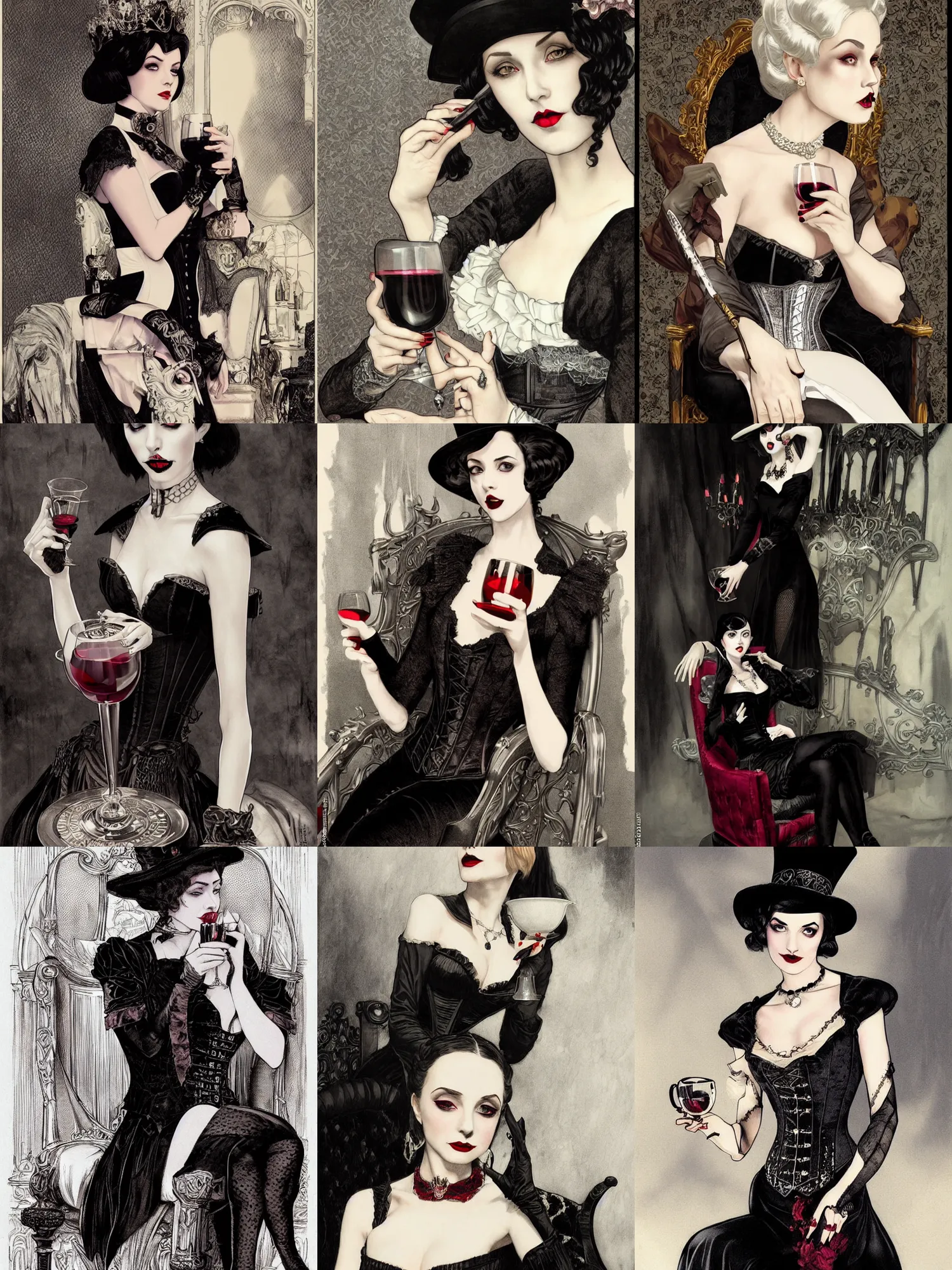 Prompt: queen of vampires drinking a cup of wine in her throne room, victorian dress, corset, small top hat, pale skin, black lipstick, black eyes, bob haircut, dnd, high fantasy, highly detailed, detailed face, grayscale, black and white manga illustration, by artgerm, greg rutkowski, alphonse mucha