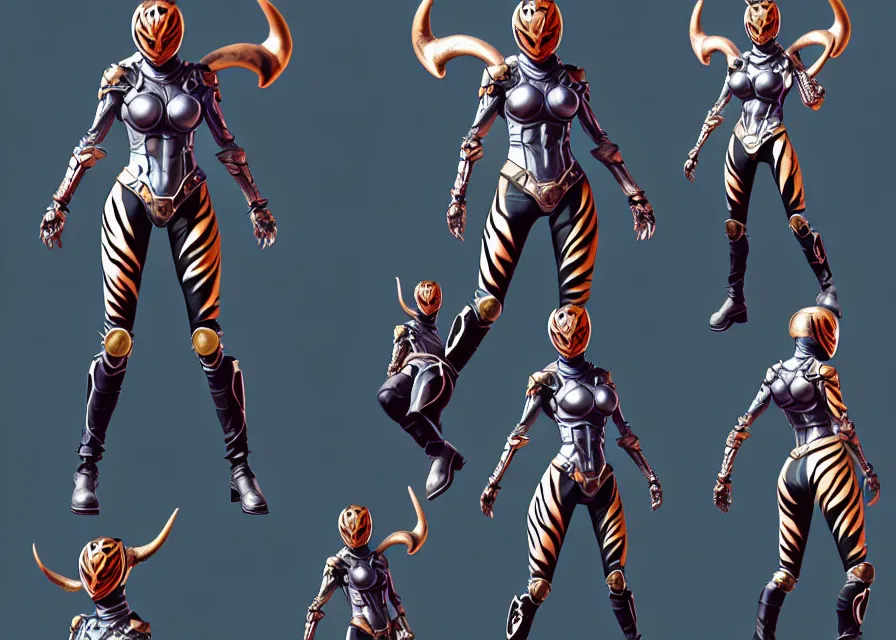 Prompt: female kamen rider character concept art sprite sheet of abstract tiger concept, big belt, horns, human structure, concept art, hero action pose, human anatomy, intricate detail, hyperrealistic art and illustration by irakli nadar and alexandre ferra, unreal 5 engine highlly render, global illumination