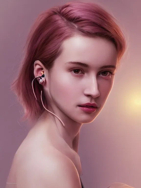 Image similar to beautiful russian girl with short pink hair and nose piercing, wearing airpods, thin round earrings, winds of winter, au naturel, hyper detailed, digital art, trending in artstation, cinematic lighting, studio quality, smooth render, octane rendered, concept art, sharp focus, illustration, art by artgerm and greg rutkowski and wlop