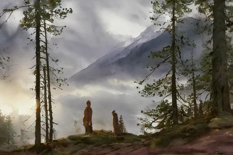 Prompt: watercolor painting of scandinavian view, pines, ambient lighting, art by hans gude, art by hans dahl, by jesper ejsing, art by anders zorn, wonderful masterpiece by greg rutkowski, cinematic light, american romanticism by greg manchess, creation by tyler edlin