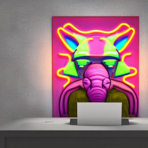 Image similar to a neon elephant yoda in a modern office space, art designers magazine HD photo superrealism 3d 8k resolution