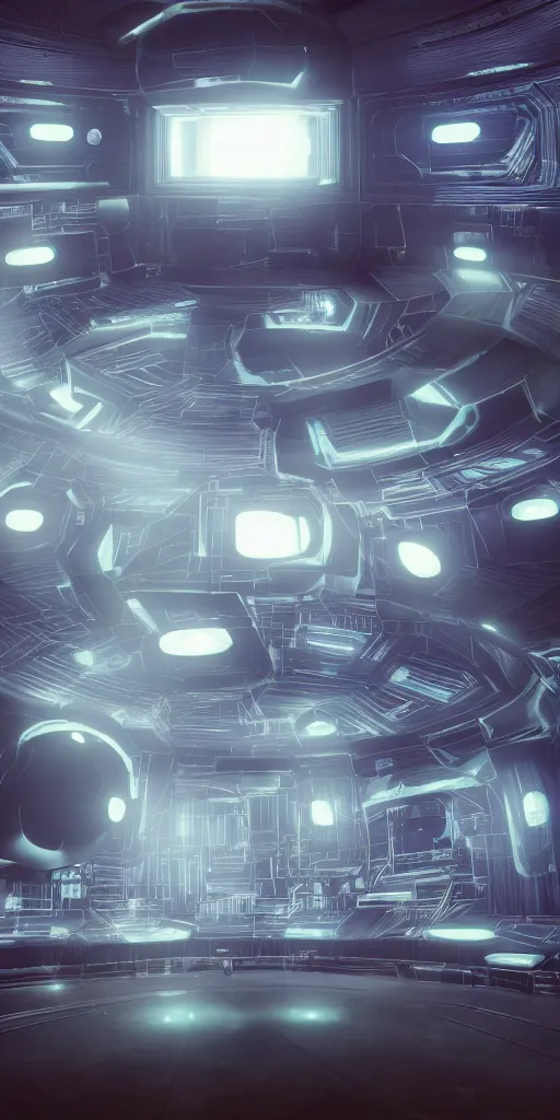 Image similar to a wide shot photorealistic futuristic 3D room with four walls covered with glowing CRT computer monitors with fuzzy screens embedded into the wall and a blackhole forming in the floor, Trending on artstation, cinematic lighting from the right, hyper realism, octane render, 8k, depth of field, 3D