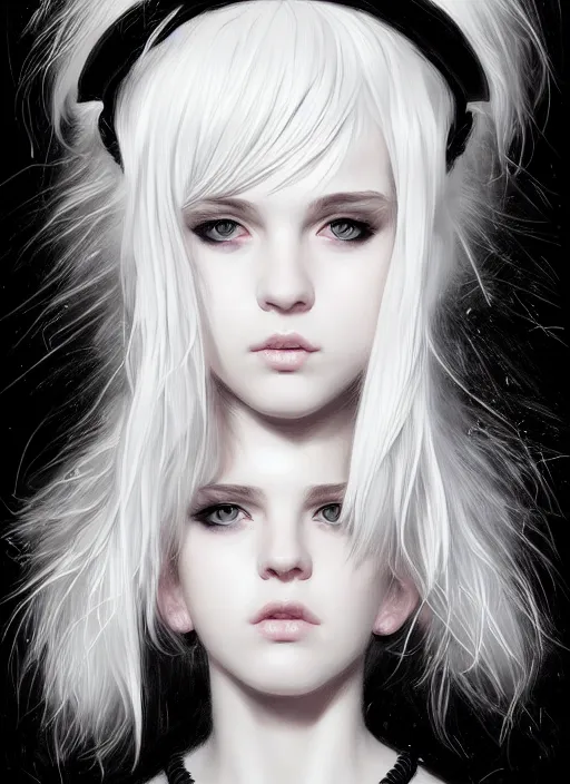 Prompt: portrait of white teenage girl, normal face, white bangs, mall goth, cyberlox, black and white hair, bangs, fluffy bangs, intricate, elegant, highly detailed, digital painting, artstation, concept art, sharp focus, smooth, illustration, art by wlop, mars ravelo and greg rutkowski