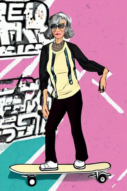 Image similar to a portrait of a fashionable gran on a skateboard in los angeles, in the style of gta waiting screen