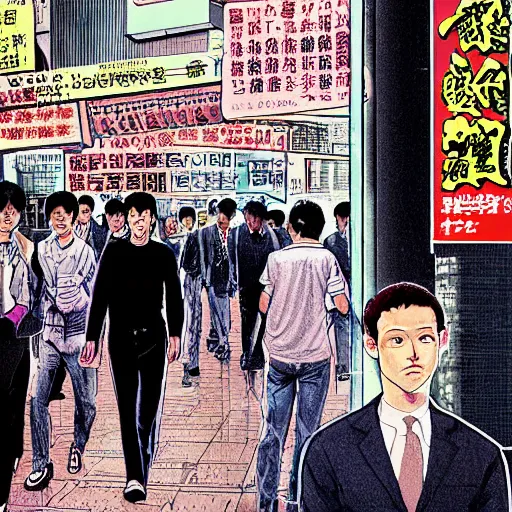 Image similar to glossy old advertising poster, mark zuckerberg walking through crowded hong kong street, vendors, drawn comic by junji ito, pastels, gradient