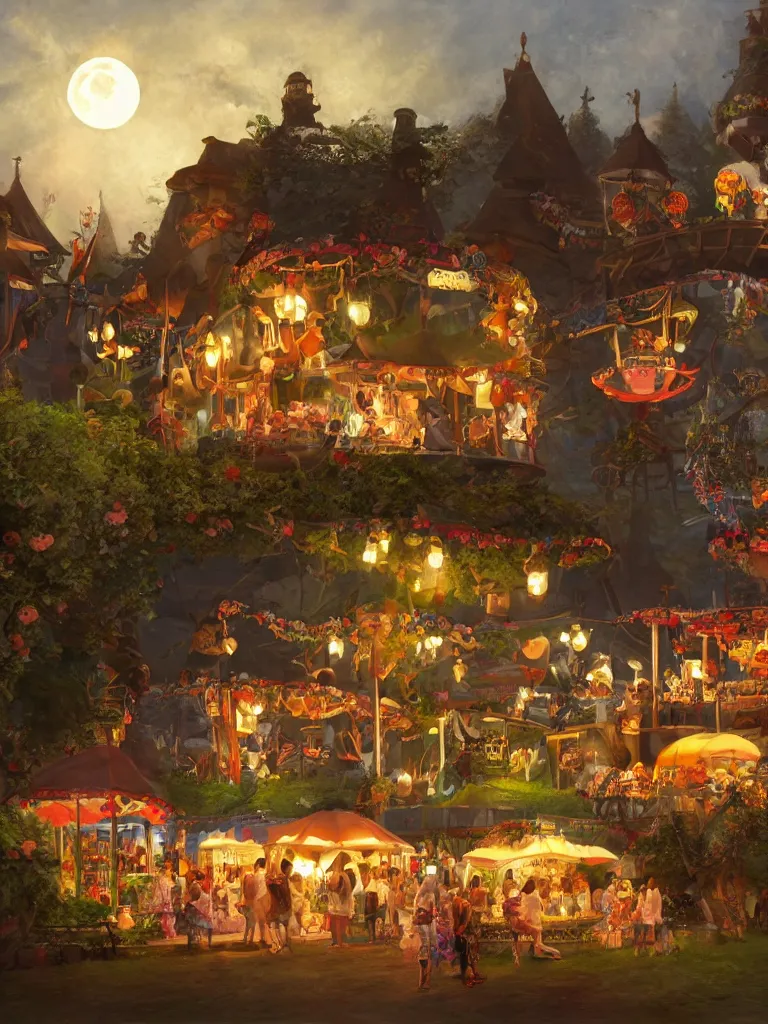 Prompt: summer fair under moonlight by disney concept artists, blunt borders, rule of thirds