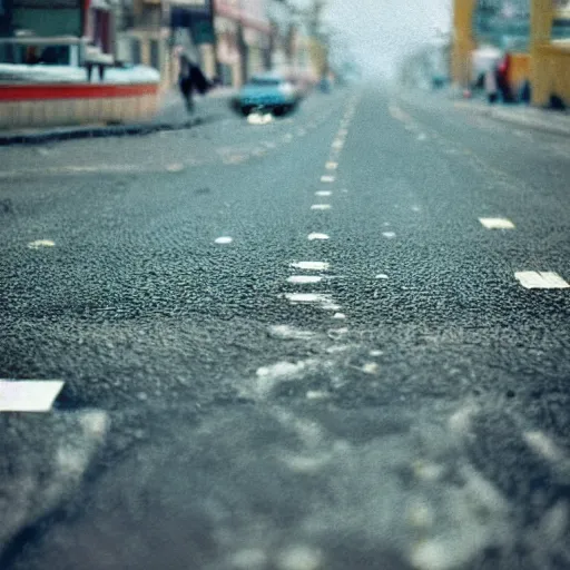 Image similar to close up kodak portra 4 0 0 photograph of futuristic street of norilsk russian city, moon orbit, moody lighting, telephoto