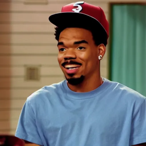 Image similar to a tv still of Chance The Rapper starring as a black college student at Jones College Prep in a 1993 sitcom