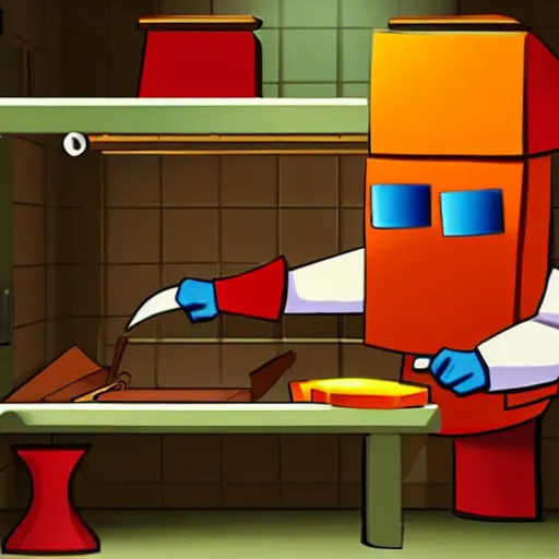 Prompt: boxman wielding a sword inside a kitchen