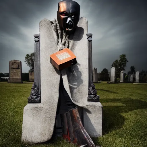 Image similar to MF DOOM standing in a graveyard with a dug up coffin, highly detailed mask, portrait photography, 8k