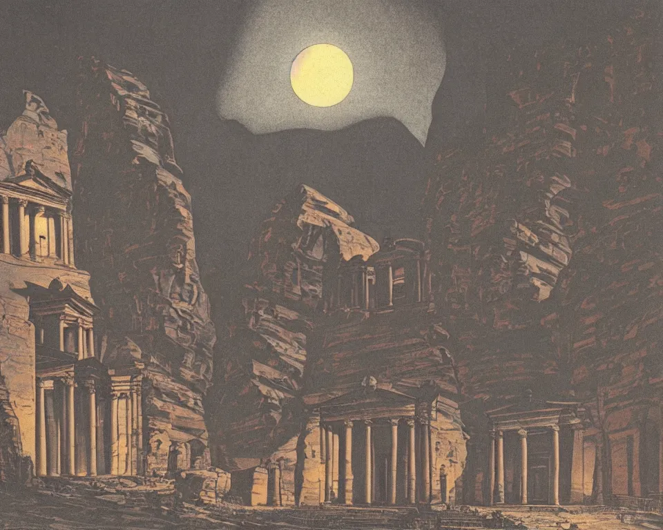 Prompt: achingly beautiful print of the Treasury at Petra bathed in moonlight by Hasui Kawase and Lyonel Feininger.