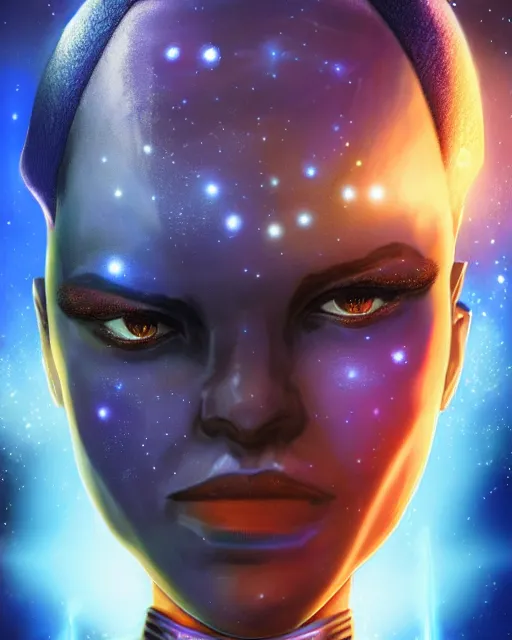 Prompt: Portrait of an Asari from Mass Effect, blue skin, as a Starfleet officer, Starfleet uniform, stars, nebula, sparkling, bokeh, 50mm, highly detailed by Paul Lehr
