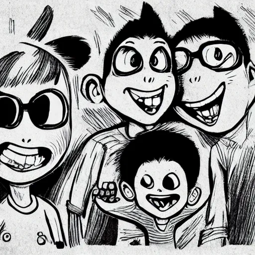 Prompt: black and white illustration of Alvin and the Chipmunks in the style of Junji Ito