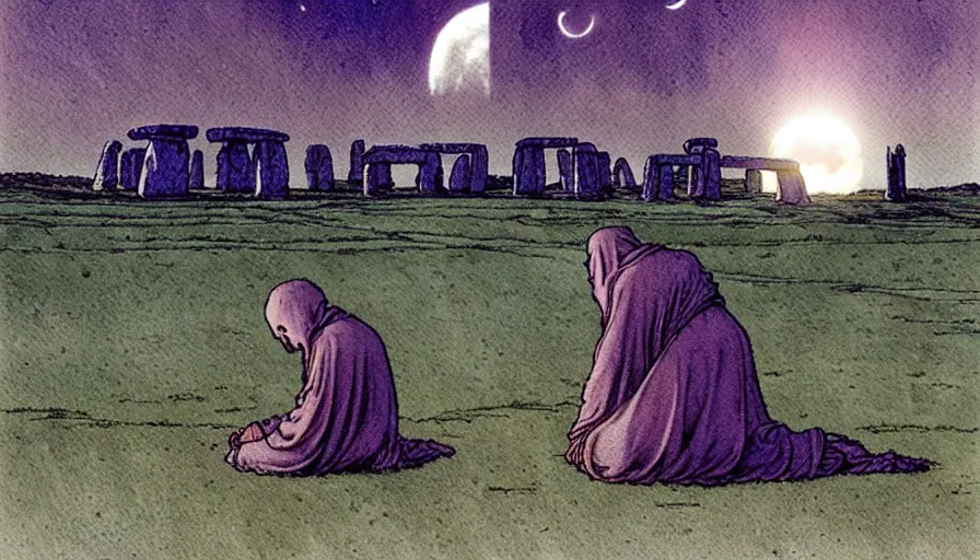 Prompt: a realistic and atmospheric watercolour fantasy concept art of a shiny metallic ufo landing in a large stonehenge. medieval monk in grey robes on his knees praying. a crescent moon in the sky. muted colors. by rebecca guay, michael kaluta, charles vess and jean moebius giraud