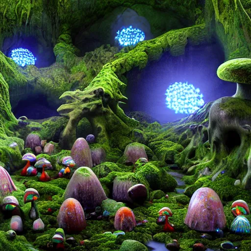 Image similar to mythical gigantic space cavern, ultra realist 3 d render curiosities carnival pond vegetation rocks mushrooms and tentacles covered moss, luminescent wisps, stunning waterfall, accurate features, focus, very intricate ultrafine details, random volumetric lighting, fog, award winning masterpiece, octane render 8 k hd, artstation