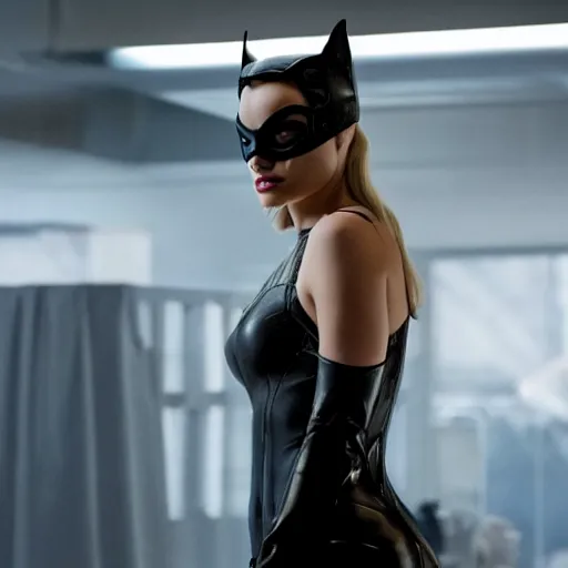 Image similar to Margot Robbie as real-life Catwoman, cinematic, Wide-shot, atmospheric lighting, directed by Quentin Tarantino, extreme detail, 8K, movie still