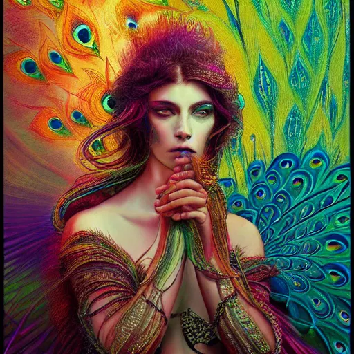 Prompt: A reality bending psychedelic ayahuasca experience, colorful, distorted, surreal,peacock feathers, dramatic lighting on the face, intricate lace, elegant fabric, highly detailed, digital painting, concept art, smooth, sharp focus, illustration, art by Krenz Cushart and Wayne Barlowe and alphonse mucha